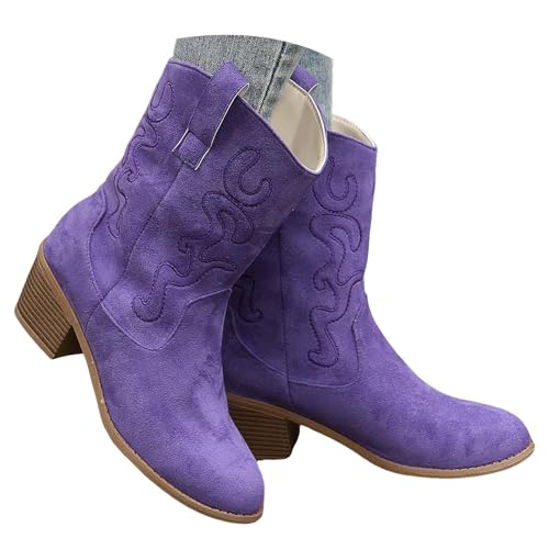 Women Western Cowboy Ankle Boots Wide Calf Stylish Suede Chunky Block High Heels Hollowing Star Embellishment Almond Toe Western Booties Comfort Breathable Dressy Gathering Shoes