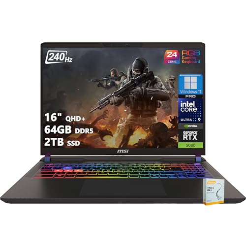 msi Vector 16 HX AI Gaming Laptop | 16" QHD+ IPS 240Hz | Intel Core Ultra 9 275HX | 64GB DDR5 2TB SSD | GeForce RTX 5080 (Up to 1334 AI Tops) | RGB Backlit Thunderbolt 5 Win11 Pro w/DLCA Accessory