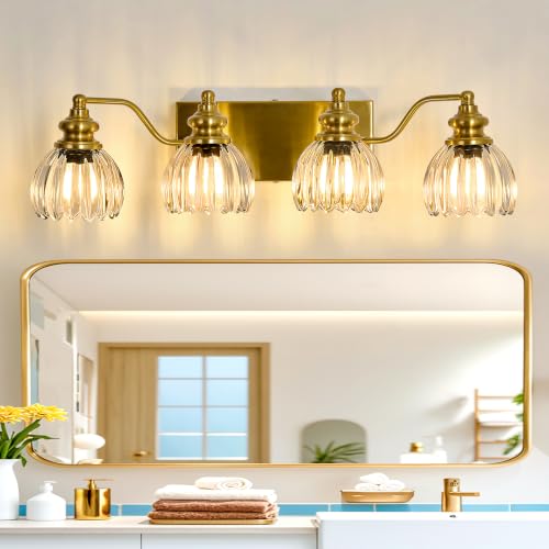 Image of Piepooye Vintage Bathroom Lights Fixtures 4 Lights Gold Vanity Light with Glass LampShade E26 Bulb Indoor Vanity Light Over Mirror for Bedroom Living Room Farmhouse Kitchen