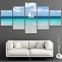 5 Panel Canvas Wall Art Beach with Sailboat in Ocean Pictures Modern Artwork for Home Decorations Ready to Hang - 60