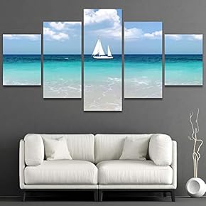 signwin 5 Panel Canvas Wall Art Beach with...