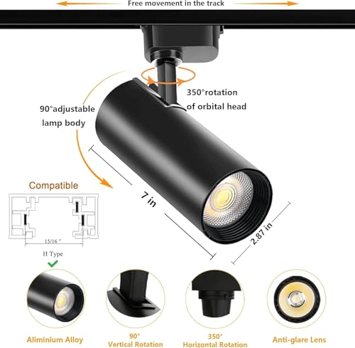 Yuemegou Track Light Heads, Extra Large Size High Brightness, 40W 3200lm H Track Light Heads, 6pcs 4000K Natural Light Adjustable Angle Track Lights, Suitable for H-Type 3-Wire Track Rails