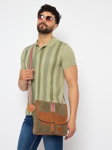 Image of Canvas Messenger Bag with Leather Trim, Olive Green with Red Stripe, Vintage Style Shoulder Bag