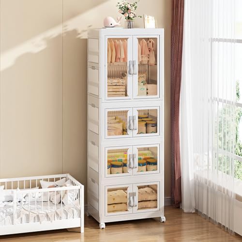 Contenedores de almacenamiento apilables con tapas, contenedores de almacenamiento plegables con puertas y ruedas, plástico para dormitorio, hogar, oficina, dormitorio, color blanco (54 x 34 x 150 cm)