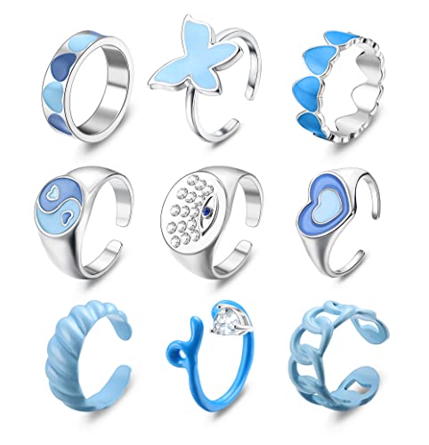 Subiceto 9 Pcs Chunky Y2K Rings For Women Colorful Resin Acrylic Rings Funky Evil Eyes Butterfly Heart Flower Yin Yang Rings,Aesthetic Statement Knuckle Rings Set For Women Blue #TOP17