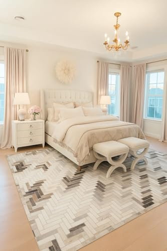 ZANKO RUGS Luxury Cowhide Leather Area Rug, Gray and White