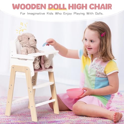 ROBOTIME Wooden Baby Doll High Chair, Pink Wooden Baby Doll Chair for 18 Inch Dolls, Pretend Play High Chair Baby Doll Accessories, Small by ROBOTIME - Image 2