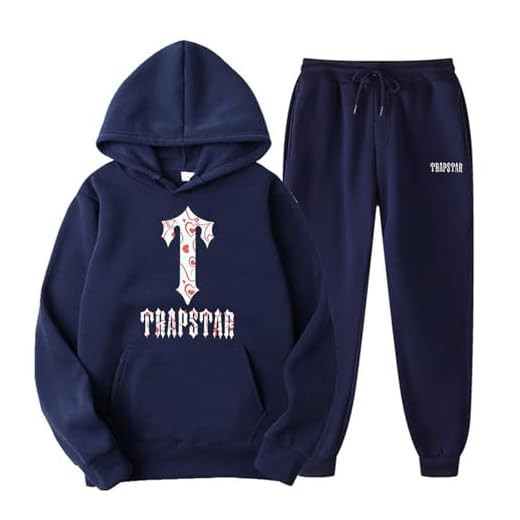 Streetwear Tuta da jogging unisex per uomo e donna, comoda tuta sportiva in cotone, set da 2 pezzi con cappuccio Lounge Wear look casual, Navy #33, M