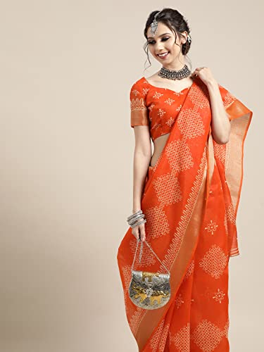 Image of AKHILAM Casual Cotton Geometric Saree with Unstitched Blouse Piece for Women