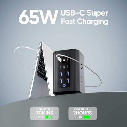 TenTrend Power Strip Tower, 230W Total Fast Charging Station for Multiple Devices, 5FT Extension Cord Tower with 6 Outlets 8 USB(4 USB C), 2000J Surge Protector for Home Office, Dorm Essentials - Image 5