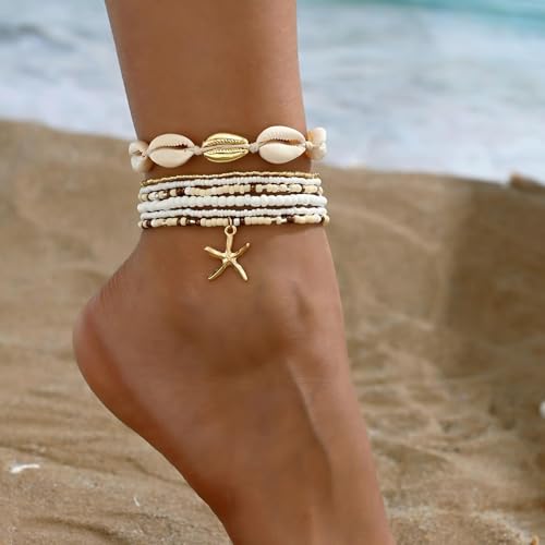 Image of Shell Bracelet,Gold Plated Starfish Ankle Bracelets for Women Waterproof Stack Beaded Anklet Boho Hawaiian Vacation Beach Jewelry Gifts