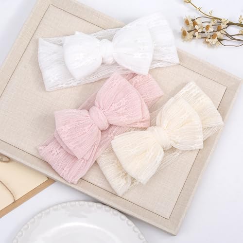 Handmade Baby Headbands Soft Stretchy Nylon Hair Bands with Bows for Newborn Infant Baby Toddler Girls- Pack of 3 (Set-A, 3 Count (Pack of 1))4