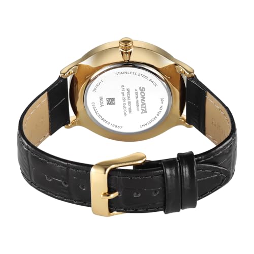 Image of Sonata Gold with Quartz Analog Sacred Forest Green Dial with 0.15 Gm 22 Karat Tanishq Gold Coin On Dial Black Leather Strap Watch for Men - 7153YL04