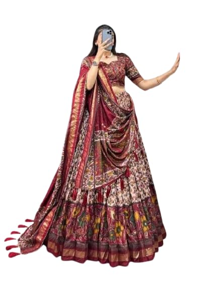 Women’s Tussar Silk Lehenga Set with Perfect floral patola print design to make you feel utterly beautiful.
