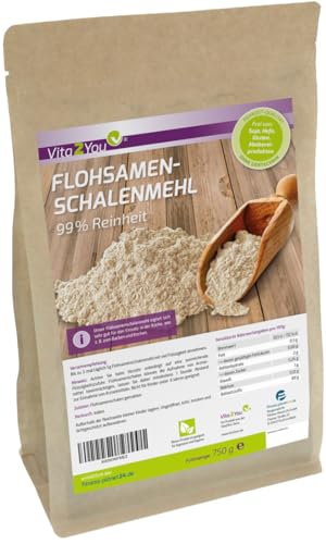 Vita2You Coquilles de psyllium moulues – 750 g – > 99 % de pureté – farine de psyllium indienne – Idéal pour la cuisson – Poudre de psyllium – Qualité supérieure