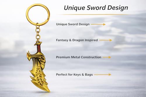 Image of BLUE WARRIOR God of war keychain (gold)- Fantasy Winged Dagger Keychain - Antique Gold Mini Sword Key Ring with Red Handle - Metal Collectible Key Holder for Men, Women, Gamers & Gift Giving