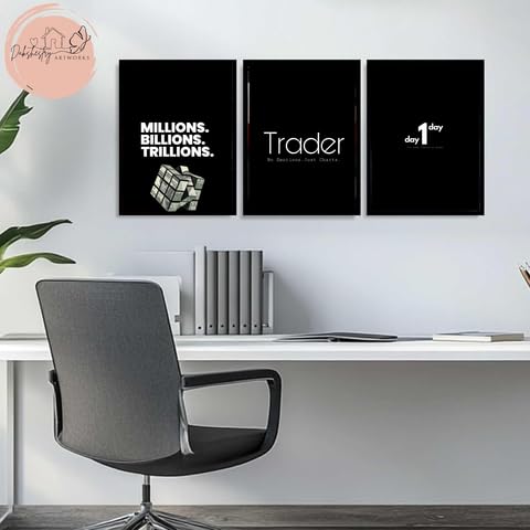 Image of DAKSHESTRY ARTWORKS Set of 3 Trader Motivational Wall Art Prints - Black Minimalist Finance Success Quote Framed Posters for Office Bedroom Home Decor (A4 8x12 Inch, Black Frame)