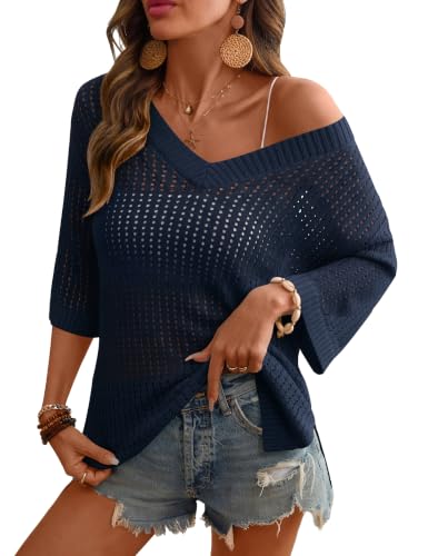 Image of Rapbin Women's Crochet V Neck Beach Cover Up 3 /4 Sleeve Hollow Out Knitted Pullover Sweater