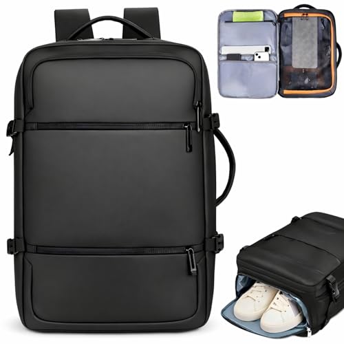 Mochila Viagem Avião 40L Expansível Impermeável Bagagem de Mão Cabine Notebook 17' Compartimento Sapatos USB - PRETA