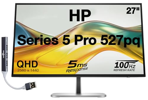 HP Series 5 Pro 527pq 27' QHD IPS Monitor with 5ms Response Time, Anti Glare, Flicker Free, Pivot, VESA Mount (100mm), Displayport, HDMI & Dockztorm USB Port Expander, Silver/Black (9D9S0UT#ABA)