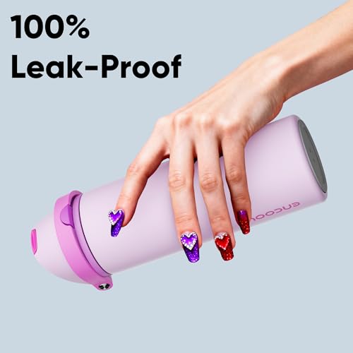 Image of Insulated Water Bottle with Straw - Encool Stainless Steel Water Bottle with Push Button Lid, Leak-Proof & BPA-Free, Keeps Cold for 24 Hours for Sports, Travel, Gym (24 oz, Thistle-Fuchsia)
