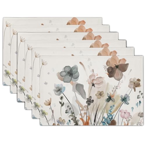 Image of Brown Cream Grey Teal Floral Placemats Set of 6 Watercolor Flowers Place Mats Washable Dining Rustic Abstract Floral Farmhouse Linen Table Mats Stain Heat-Resistant Cloth Table Mat Decor 12x18 in