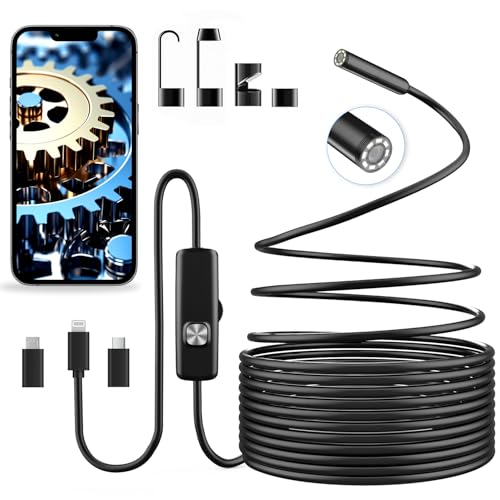 Vexloria Endoscopio endoscopio Camara de inspeccion – 3 en 1 USB cámara endoscópica con Cable semirrígido, IP67 Impermeable, sonda 8 mm, 8 LED, para Android/iPhone, sin WiFi, 5M