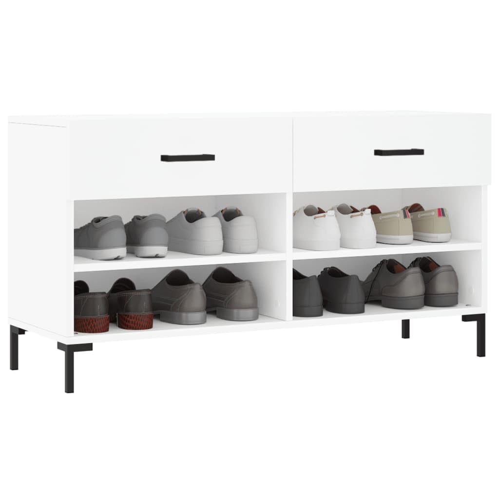 Banc à Chaussures Blanc 102x35x55 cm Bois Composite 2 Tiroirs 4 Étagères