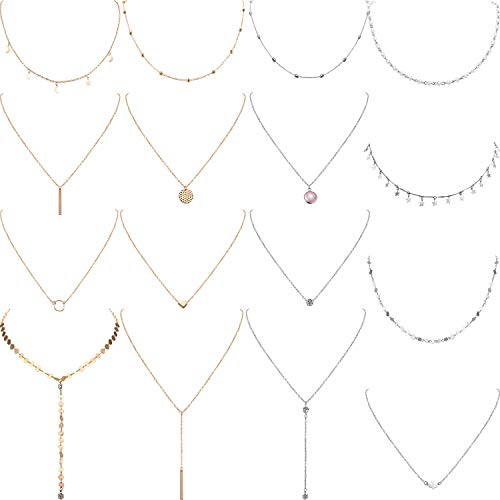 Preisvergleich Produktbild Yaomiao 16 Stück Geschichteten Choker Halskette Einstellbar Anhänger Halskette Mond Pailletten Choker Mehrschichtige Kette Halskette Set für Damen Mädchen (Silber und Gold)