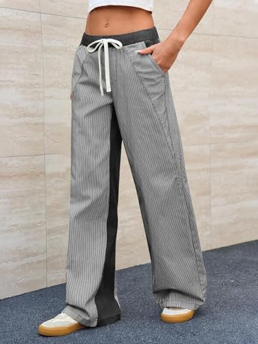 Franhais Striped Jeans for Women Trendy Drawstring Low Rise Baggy Jeans Y2K Straight Wide Leg Boyfriend Denim Pants Street4