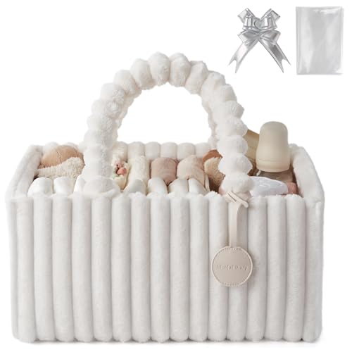 Image of Blissful Diary Flannel Diaper Caddy Organizer, included Gift Packaging, Cozy Nursery Storage Basket, Gift for Baby Shower, Newborn Essentials, Cream Beige