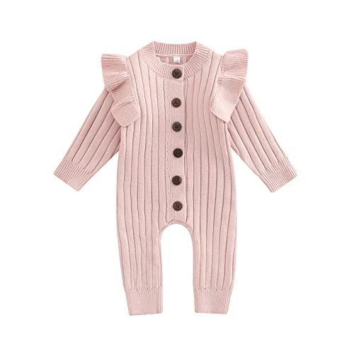 Twopumpkin Newborn Baby Girl Knitted Sweater Jumpsuit Button Down Long Sleeve Romper Onesie Winter Clothes Warm Outfit (Knit Pink, 0-3 Months)