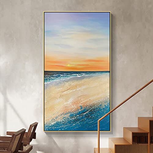 Grand tableau bleu et orange paysage océan abstrait pour décoration murale chambre et séjour