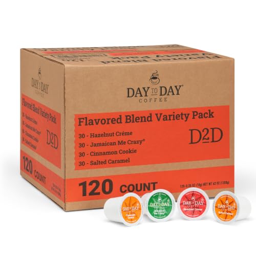 Image of Day To Day Coffee Flavored Variety Pack, 120 Count Single Serve Pods, 4 Coffee Blends (Hazelnut Creme, Jamaican Me Creme, Cinnamon Cookie, Salted Caramel), Compatible with Keurig K-Cup Brewers, No Added Sugar