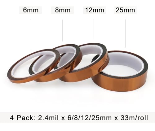 Image of BOMEI PACK 4Pack 6 /12 /18 /25mm x 108ft Polyimide Tape High-Temperature Resistant, No Residue Heat-Resistant Tape for Electric Task, 3D Printing, Soldering, Sublimation, Masking
