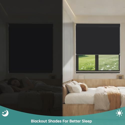 Image of Changshade Custom No Drill No Tools Blackout Roller Shades for Window, Cordless Roller Shades Thermal Insulated UV Protection Privacy, Easy Install Roller Blinds for Home Office, Classic Black