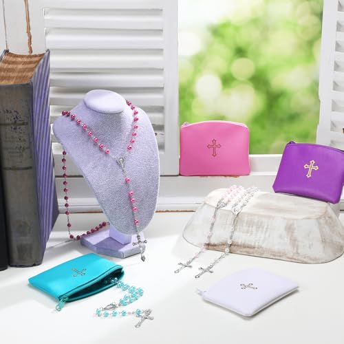 8 Pcs Rosary Pouch with Catholic Rosary Beads Y-Necklace Set for Women PU Leather Holder with Zipper and Gold Cross Imprint Case Portable Religious Bag for Travel3
