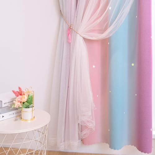 Image of Yancorp Curtains for Girls Bedroom Kids Curtain Hollow-Out Star Window Nursery Curtain 72 inches Length Room Darkening Grommet 2 Layers (Pink Purple, W52 X L84)