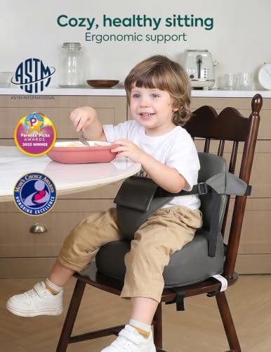 Image of Babelio Ergo-Rest Booster Seat for Kitchen Chair, Promote Proper Upright Posture, Non-Slip with Backrest & Adjustable Straps, Stain-Resistant Faux Leather, Fits Toddlers 1-5 Years, Dark Grey