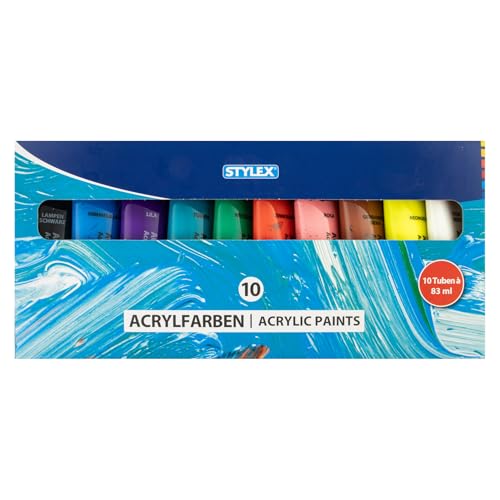 Stylex 28614: Set de Pinturas acrílicas, Tubos de 83 ml, 10 Colores, Resistentes a la luz y al Agua, Secado rápido, Gran Poder cubriente, para Lienzo, Papel y Piedra, Acrylic, Multicolour
