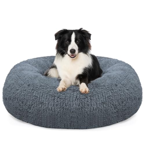 MDDK DY Letto Per Cani - 80 cm Cuccia Cane Interno Morbida Rotonda, Anti-ansia e soffice Cuccia gatto interno, Base Antiscivolo e Lavabile, cuscino per cani Diametro, Grigio Scuro
