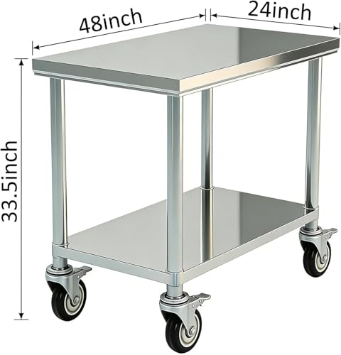 Image of Stainless Steel Table Prep & Work with Wheels 24 x 48 Inches, NSF Commercial Heavy Duty Table with Undershelf and Galvanized Legs for Restaurant, Home and Hotel