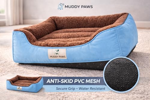 Image of MUDDY PAWS Reversible Sofa Style Dog Bed - XXL (95 x 73 x 22 cm) - Plush Fur Surface, Removable Cushion & Anti-Skid Base - Sky Blue & Brown