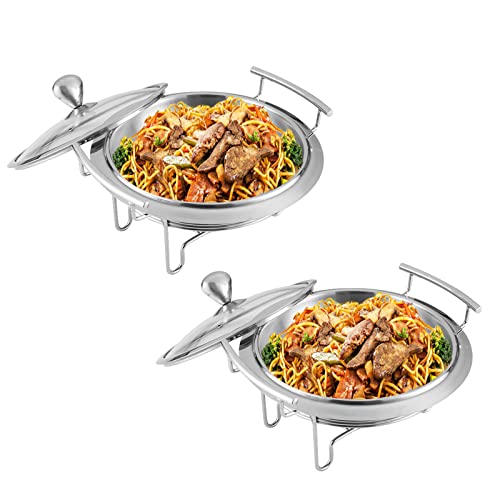 Juego de platos de calentamiento visibles, bandeja redonda de acero inoxidable para bufé, ideal para fiestas, bodas y eventos, con tapa de cristal, bandeja para comida y depósito de combustible (2 uni