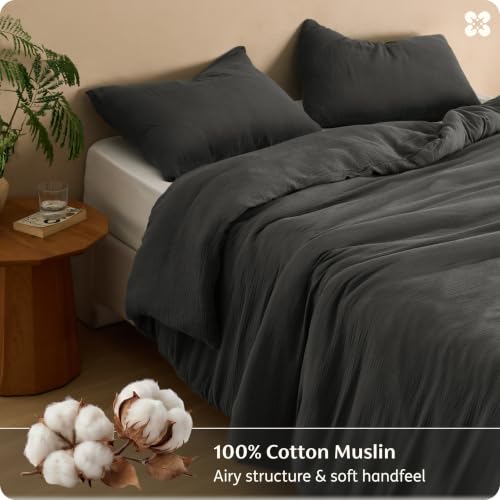 Image of Bedsure 100% Muslin Cotton Duvet Cover Queen Size - Ultra-Soft Gauze Duvet Cover, PureWoven Breathable & Lightweight Bedding Set with Button Closure and Corner Ties (Dark Grey, Queen, 90 inchx90 inch)