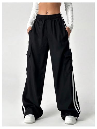 SHENHE Girl's Cargo Pants Wide Leg Side Stripe Baggy Track Pants Workout Athletic Trousers4