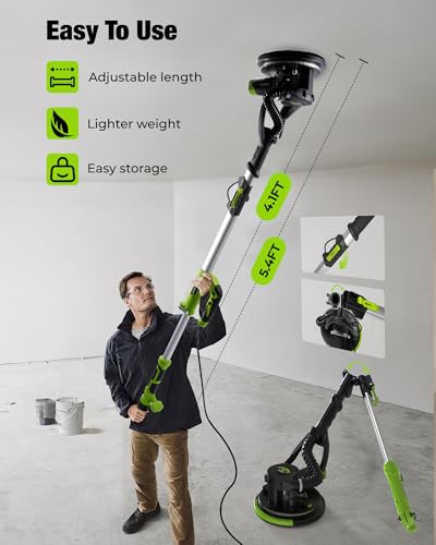 Drywall Sander - ETOOLAB Electric Drywall Sander 1000-2100RPM with Auto Dust Collection 360° Swivel Head, Powerful Wall Sander with 5 Variable Speed LED Lightfor Ceilings, Floors Discs Sander