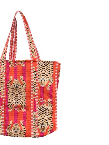 Image of Quilted Cotton Handprinted Reversible Large multicolor Floral Tote Bag,Hand Block Print Shopping Shoulder Carry Bag