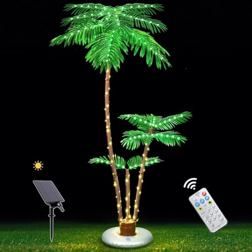 OUSHENG 6ft Solar Palm Tree Triple Trunk IP65 Remote 8 Modes LED