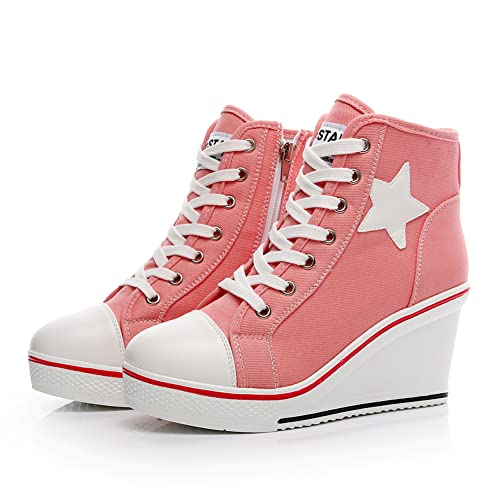 Mei MACLEOD High Heel Wedge Sneakers for Women Casual Lace Up Canvas Shoes for Ladies Platform Wedge Shoes AnkleBooties Pink